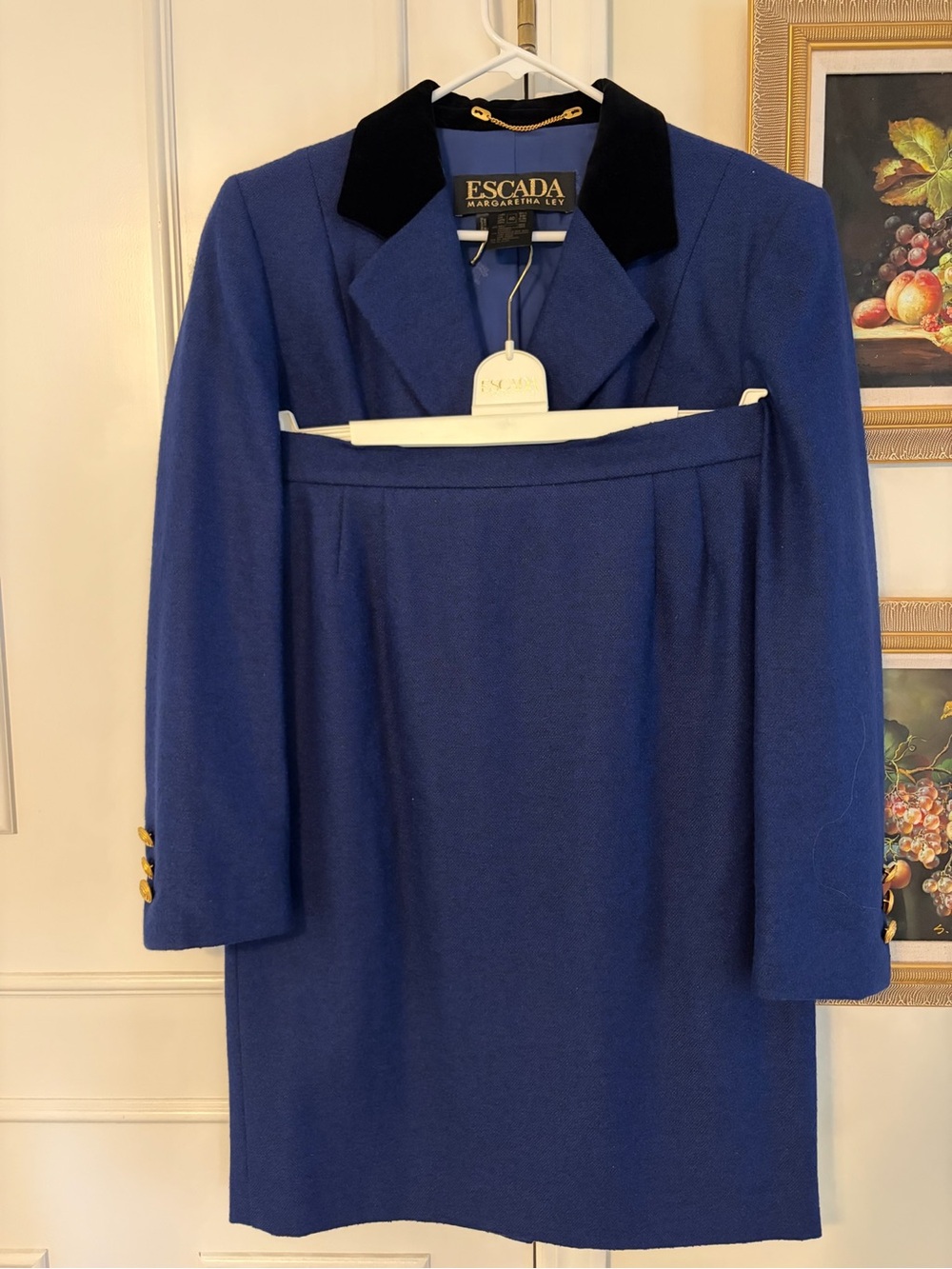 Escada Royal Blue Two-Piece Skirt Suit with Black Collar Wool Cashmere Blend
